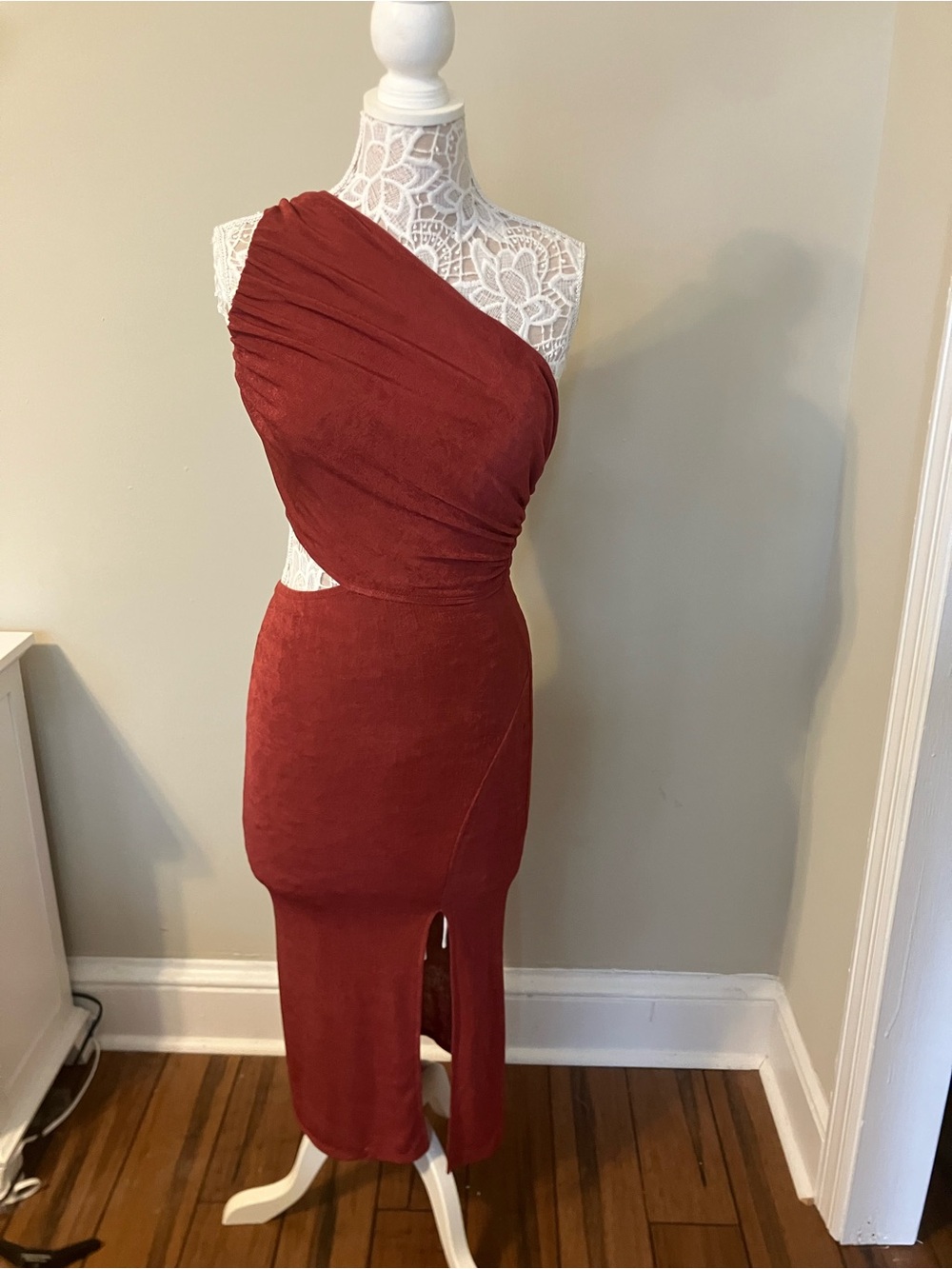 Hello Molly One-Shoulder Rust Cutout Midi Dress